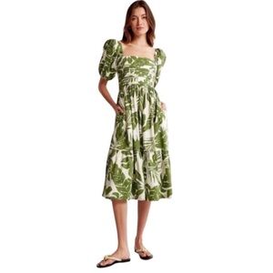 Abercrombie & Fitch Emerson Linen Cotton Puff Sleeve Green Palm Midi Dress L